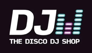 DJ logo with turquoise and purple equalizer bars. Text reads DJ and THE DISCO DJ SHOP on dark background.